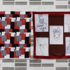 right: Digital print on polyester of 5 pencil and ink drawings from the series "Naturaleza muerta. Transformando la violencia en arte", Luis Manuel Otero Alcántara, 2021. left: secondhand fabric. photo_Paul Litherland